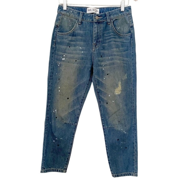 WILDFOX Baggy Jeans Size 24 NWT Crop Paint Splatter Distressed Da Vinci Wash - Picture 4 of 12